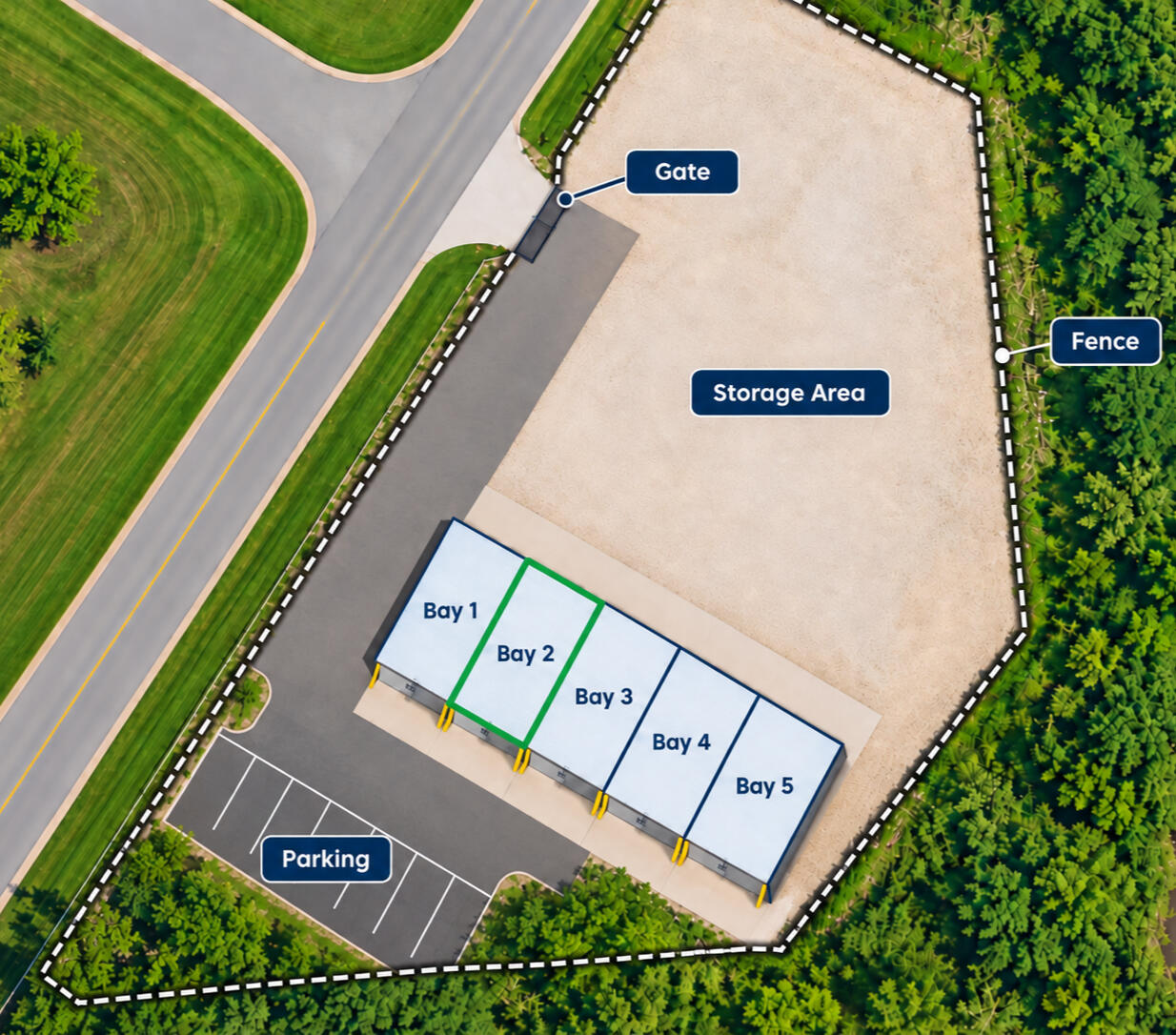 Five-bay contractor shop building with drive-in garage doors and a fenced yard